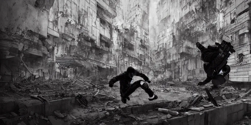 Prompt: cinematic shots of teenagers with tech clothing and hoods and tactical masks doing risky parkour inside huge urbex environments, dystopian future, industries in ruins, sci - fi, night lights, haze, concept art, intricate, in the style of katsuhiro otomo, akira, unreal engine