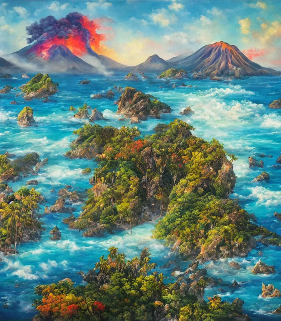 Image similar to a Breathtakingly enchanted landscape with Tropical islands in a colourful ocean and magnificent msystic volcanoes in the background, that are slightly obscured by magical mist in the style of Ken Hong Leung, artstudio, impasto oil painting, high fidelity, fine-grained, charcoal line art