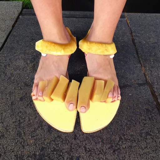 Image similar to high quality photo of sandals made of cheese, realism, 8k, award winning photo