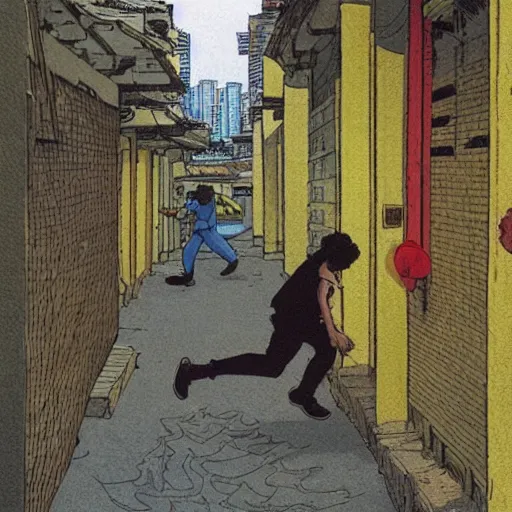 Image similar to a man running down an alley in hong kong, art by moebius