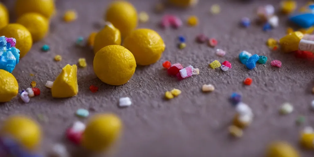 Image similar to a cinematic film still of a claymation stop motion film about a town made of lemons and candy, shallow depth of field, 8 0 mm, f 1. 8