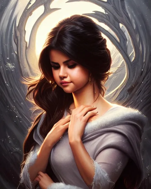 Image similar to Selena Gomez casting an frost spell, D&D, fantasy, intricate, elegant, highly detailed, digital painting, artstation, concept art, matte, sharp focus, illustration, hearthstone, art by Artgerm and Greg Rutkowski and Alphonse Mucha