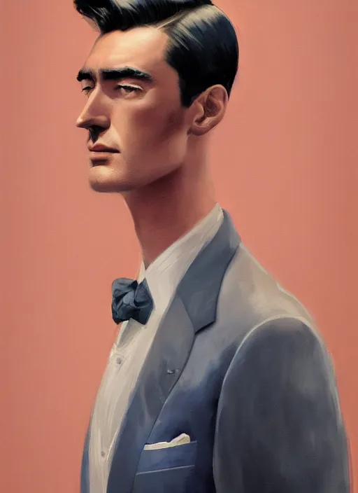 Image similar to full - length portrait of young gregory peck, dressed in a navy blue suit with silver embroidered details, detailed face, fantasy, cinematic lighting, digital art painting, fine details by realistic shaded lighting poster by ilya kuvshinov katsuhiro otomo, magali villeneuve, artgerm, jeremy lipkin and michael garmash and rob rey