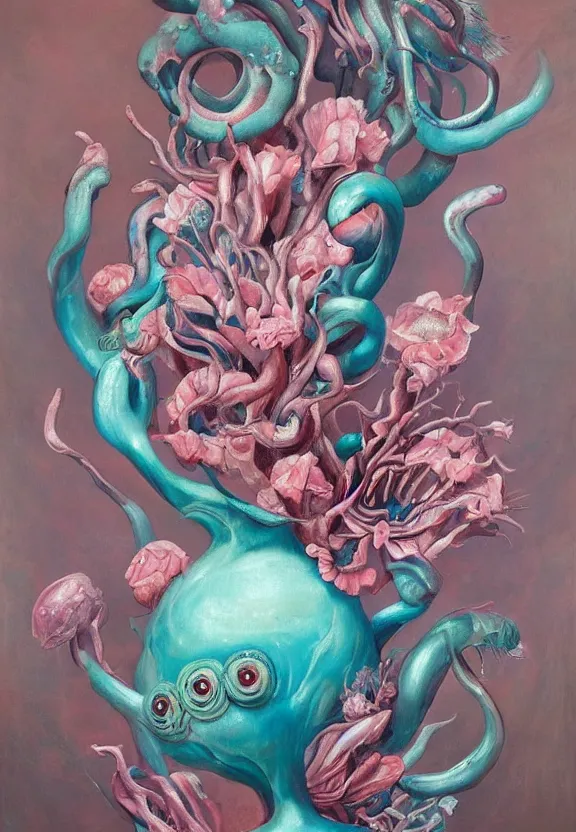 Image similar to a biomorphic painting of a vase with flowers and eyeballs in it, a surrealist painting by Marco Mazzoni, by Dorothea Tanning, pastel blues and pinks, featured on artstation, metaphysical painting, oil on canvas, fluid acrylic pour art, airbrush art, seapunk, rococo, lovecraftian