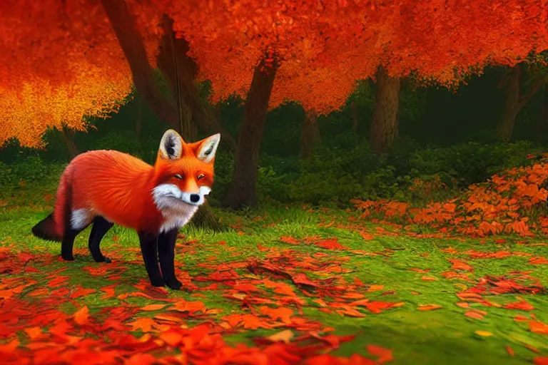 Image similar to super detailed color lowpoly art, red fox in an autumn maple forest, unreal engine, retrowave color palette, 3 d render, lowpoly, colorful, digital art, perspective