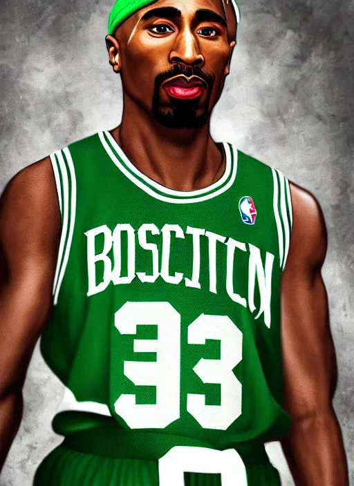 Image similar to portrait of tupac shakur, boston celtics jersey number 3 4, green, white, cartoon digital art, oil on canvas, trending on artstation, octane render