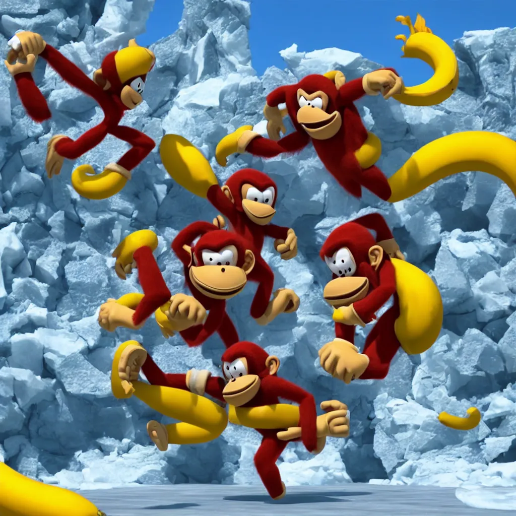 Image similar to donkey kong eating a banana in antarctica fighting sonic the hedgehog, unreal engine, 4 k, ray - tracing,