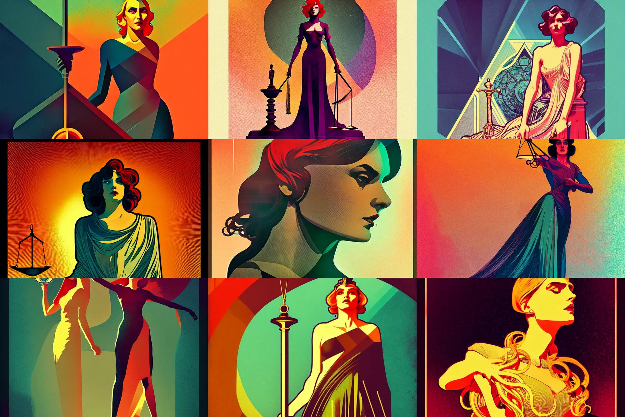 Prompt: ( ( dither ) ), editorial illustration full body portrait of lady justice, modern art deco, colorful, ( ( mads berg ) ), christopher balaskas, victo ngairich grainy texture, detailed, dynamic composition, wide angle, alphonse mucha