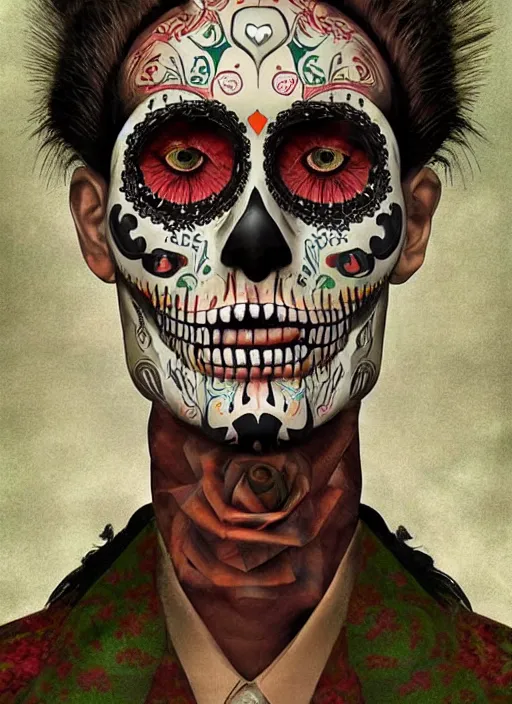 Image similar to dia de los muertos hombre theme surrealist art in the styles of igor morski, jim warren, and a tim burton film, intricate, hyperrealistic, accurate facial details, profile picture with chromakey!!!!! background, volumetric lighting