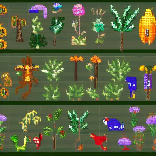 Prompt: Pixel Art Spritesheet of various flora and fauna