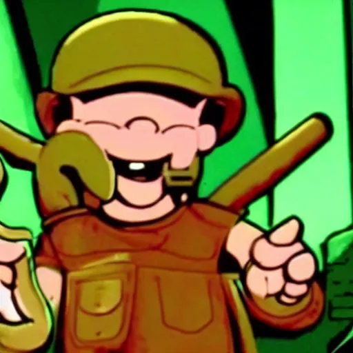 Image similar to Elmer Fudd from Loony Tunes in Doom, wearing green armor and helmet, killing demons, rip and tear, video game