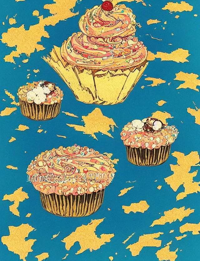 Image similar to spirit of cupcakes lost in the mountains. this gouache and gold leaf work by the award - winning mangaka has a beautiful composition and intricate details.