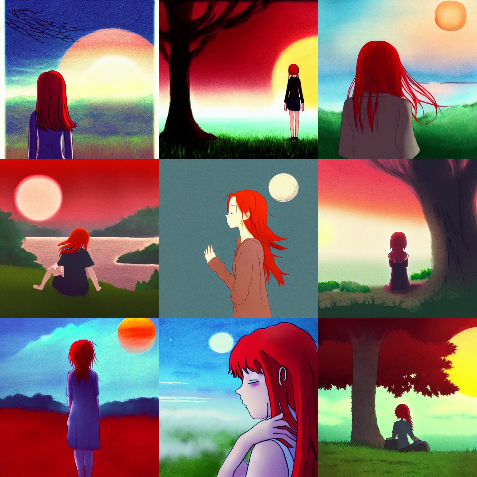 Prompt: a red haired girl watching sunrise, beautiful dusk, eerie, mist, studio ghibli style, hand drawn