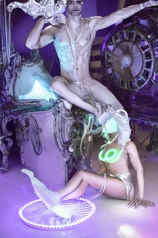 Prompt: full-body rococo and cyberpunk style neon statue of a young attractive Ricky Martin macho dotado e rico android sim roupa reclining con las piernas abertas e la piroca dura, glowing white lasers, glowing eyes, silver prince crown, silver steampunk gears, white diamonds, swirling mint-colored silk fabric. futuristic elements. ethereal white dripping tar. full-length view. space robots. human skulls. large white balloon animals. intricate artwork by caravaggio. Trending on artstation, octane render, cinematic lighting from the right, hyper realism, octane render, 8k, depth of field, 3D