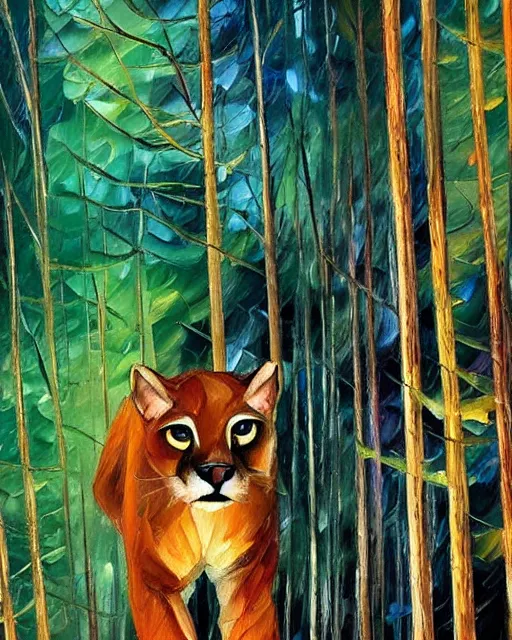 Image similar to cougar in forest at night, shot from drone, grainy, artwork by leonid afremov