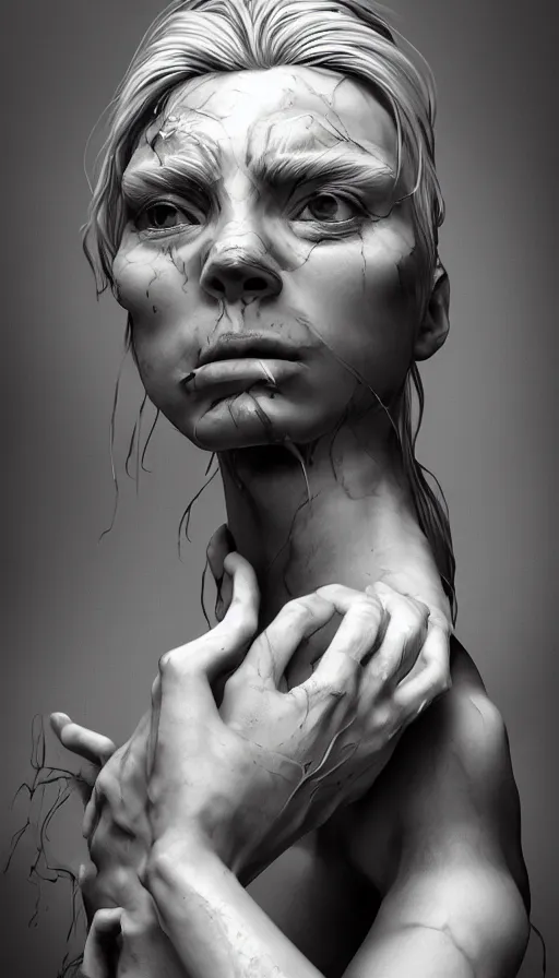 Prompt: epic masterpiece wrath, drama, sweaty skin, hyperrealistic, octane render, cinematic, beautiful face and flawless skin, perfect hands, 5 fingers, black and white by Michael Whelan, Legends of Runeterra