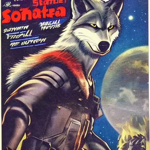 Image similar to 1 9 8 0 s comic book cover scan featuring a portrait of villain male wolf o'donnell anthropomorphic wolf furry fursona from starfox wearing a dark leather space mercenary uniform, fluffy eyebrows, dark grey wolf, wolf o'donnell, magazine scan, 1 9 8 0 s artwork scan