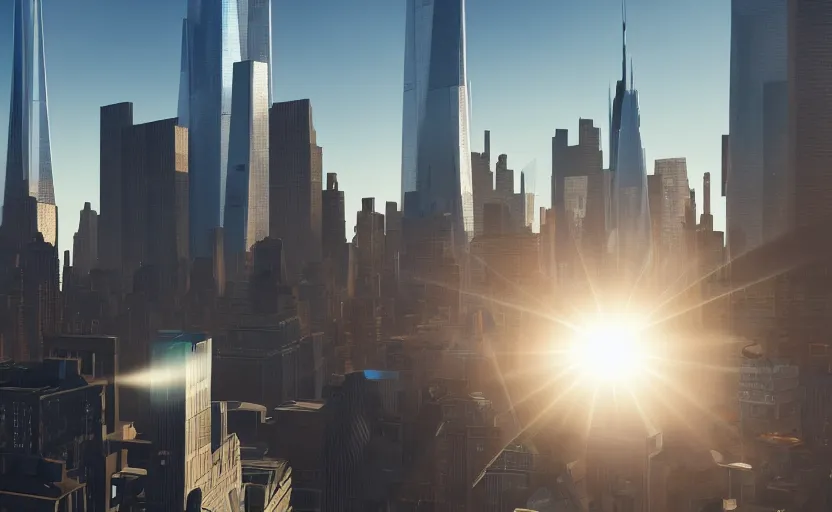 Prompt: futuristic new york. daylight. sunlight. lens flare. light fixtures. 8 k. detailed. photorealism. artstation. 2 5 mm f / 1. 7 asph lens. ultra realistic