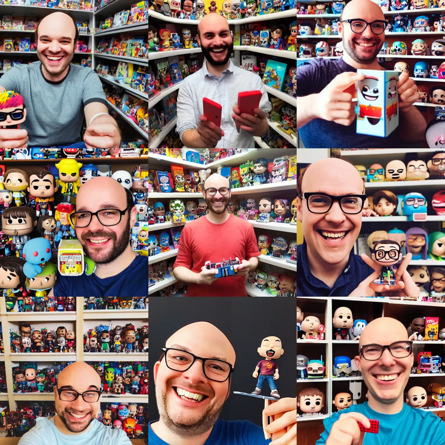 Prompt: a happy nerdy balding guy playing with his collection of funko pop, big open smile, realistic, selfie