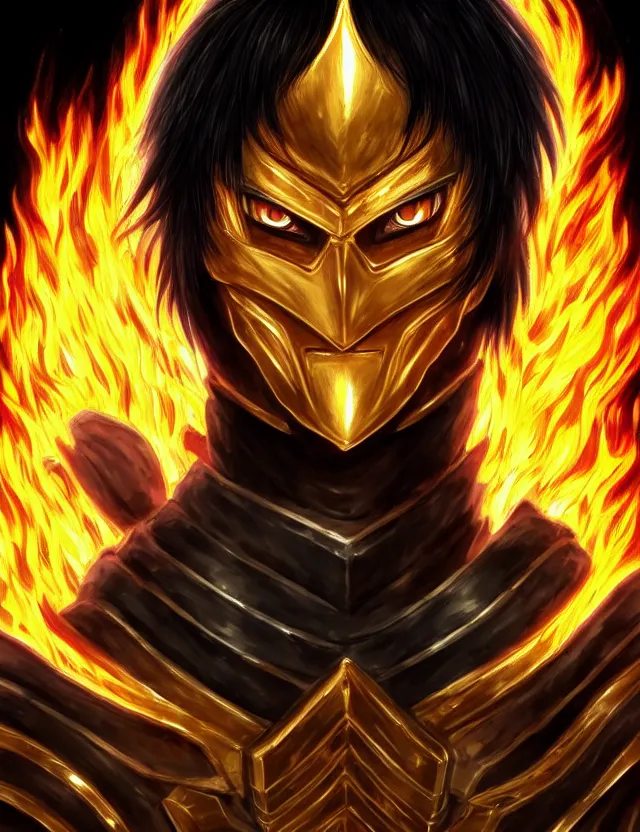 Image similar to a detailed manga portrait of a black haired man with hazel eyes in gleaming golden armour that burns with golden fire, trending on artstation, digital art, 4 k resolution, detailed, high quality, sharp focus, hq artwork, coherent, insane detail, character portrait