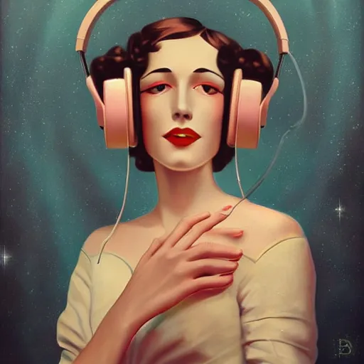 Image similar to intricate, amazing, art deco, retro vintage and romanticism, painting by bryen frost, soft color palette, highly detailed, godess with headphones from space sci - fi of ancient religion