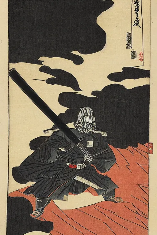 Image similar to Japanese woodblock print of Darth Vader holding a samurai sword , Hokusai