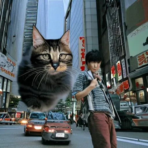 Image similar to a giant cat wrecking downtown tokyo, cinematic movie still