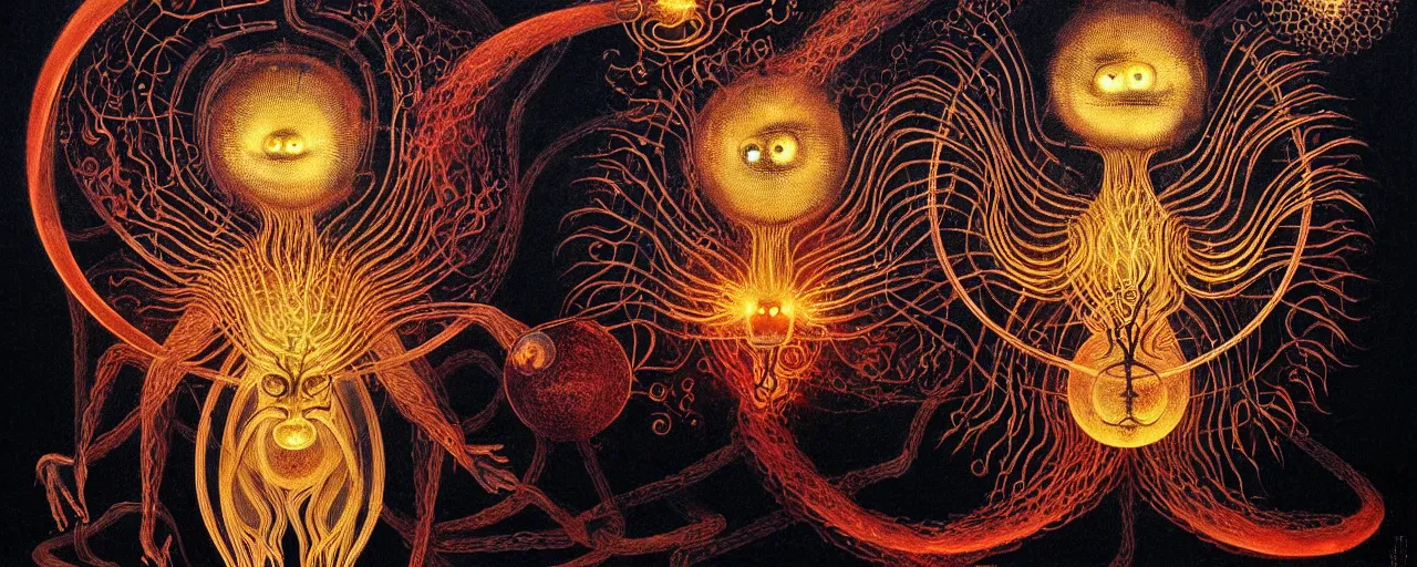 Image similar to a strange fire creature with endearing eyes radiates a unique canto'as above so below'while being ignited by the spirit of haeckel and robert fludd, breakthrough is iminent, glory be to the magic within, in honor of saturn, painted by ronny khalil