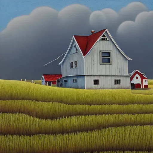 Image similar to a painting of a farm house, an ultrafine detailed painting by rafal olbinski, behance contest winner, pop surrealism, detailed painting, very detailed, minimalist, skeuomorphic, airbrush art