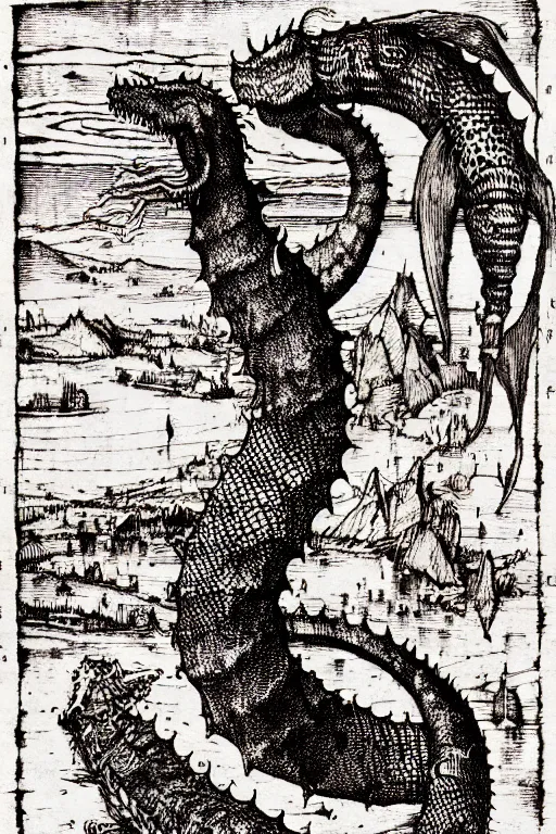 Image similar to ogopogo monster of the apocalypse, pen and ink illustration / renaissance woodcut by albrecht durer 1 4 9 6, 1 2 0 0 dpi scan, ultrasharp detail, hq scan, intricate details, stylized border