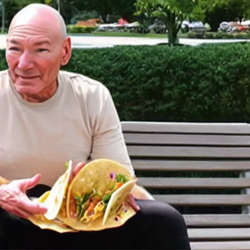 Image similar to fat patrick stewart sitting on a bench eating tacos
