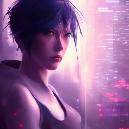 Prompt: kerli koiv, ghost in the shell, bladerunner, character portrait, sharp, digital matte painting, anime key art by yoshitaka amano, greg rutkowski, wlop, dramatic lighting, trending on artstation