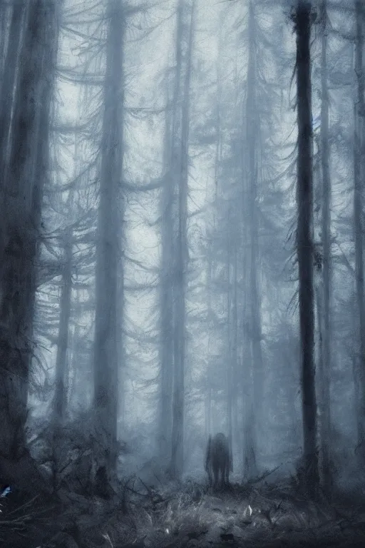 Image similar to detailed cinematic moody colors studio portrait of a distant big werewolf at the foggy forest, in high quality by jeremy mann, only one head single portrait