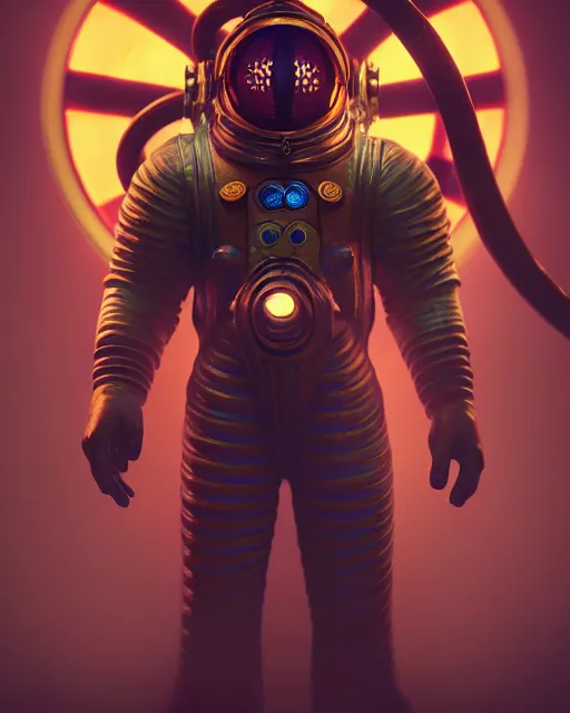 Image similar to bioshock action game astronaut by artgerm, greg rutkowski, alphonse mucha, cgsociety and beeple highly detailed, sharp focus, cinematic lighting, illustration, art, octane render, unreal engine lumen, very coherent. cinematic, hyper realism, high detail, octane render, 8 k