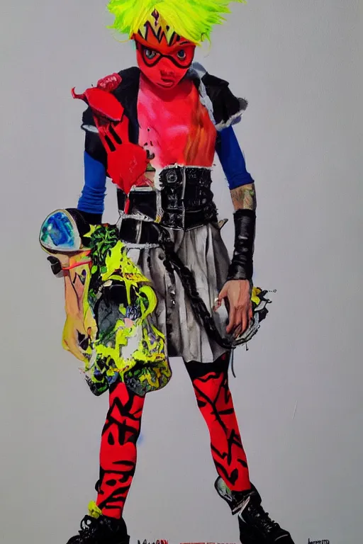 Prompt: a male character wearing a diy! costume, punk, with fluo colored details and a transparent helmet, full body, muted colors, vivienne westwood, nausicaa, hyper real acrylic painting