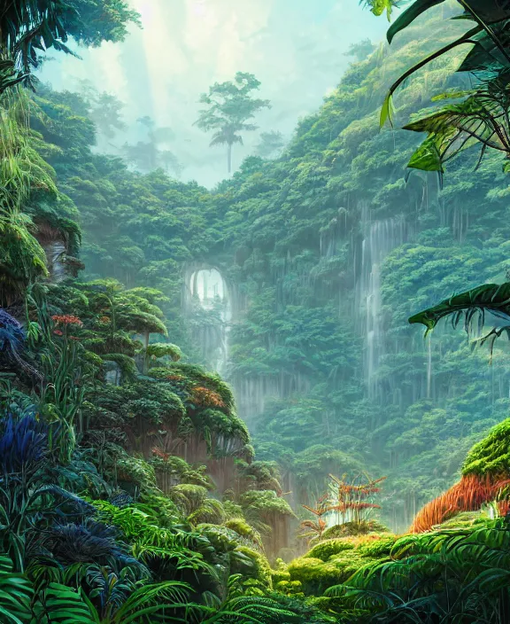 Image similar to an enormous conservatory, overgrown with huge weird ferns and exotic fungus, on an ocean cliff side, noon, sun drenched, partly cloudy, by dan mumford, yusuke murata, makoto shinkai, ross tran, cinematic, unreal engine, cel shaded, featured on artstation, pixiv