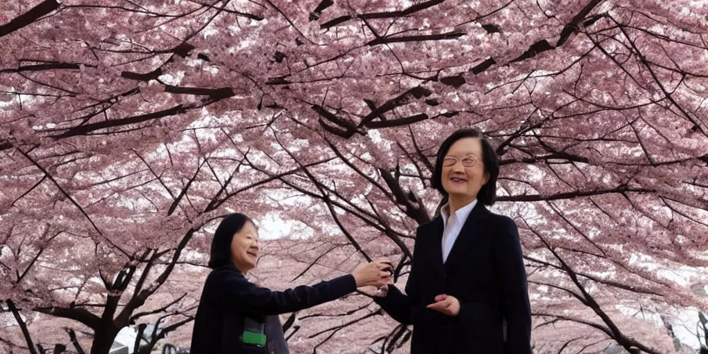 Image similar to tsai ing - wen looks at cherry blossoms in tokyo