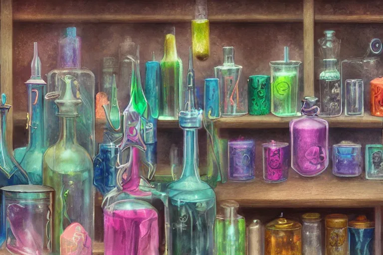 Prompt: Close-up of a potion's store, pastel painting, extremely detailed, glass, high fantasy, colorful, rgb, dark, beautiful, trending on artstation