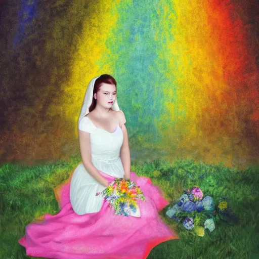 Image similar to a masterpiece portrait of a sad angel sitting in a colorful forest in a long rainbow wedding gown