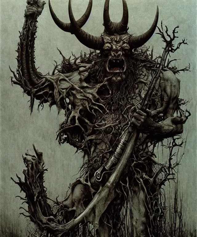 Prompt: A large horned man with gas-chainsaws instead of hands. Extremely high detailed, fine details, realistic, solo, fantasy art, masterpiece, art by Zdzisław Beksiński, Arthur Rackham, Dariusz Zawadzki