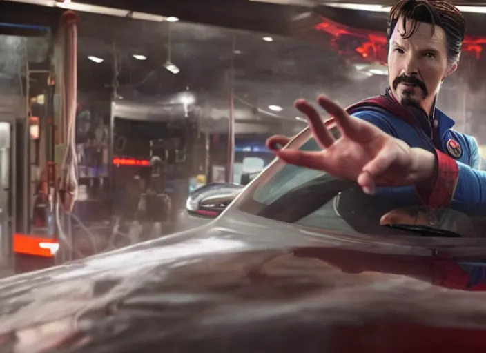 Image similar to film still of Doctor Strange working at a car wash in the new Avengers movie, 4k