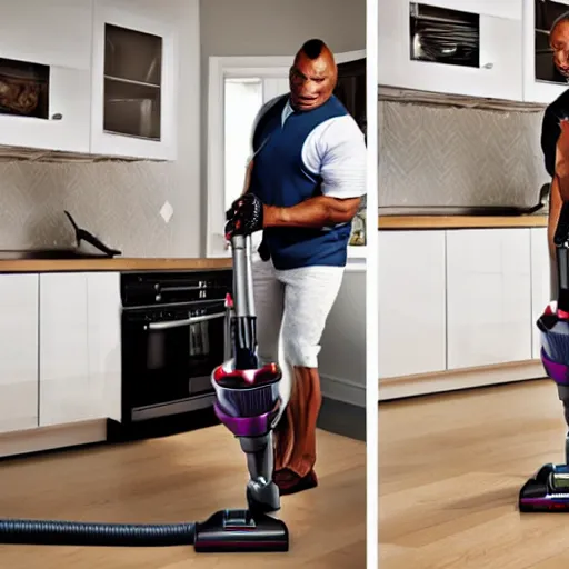 Image similar to a realistic photography of mike tyson vacuuming his kitchen with a dyson vacuum photoshoot fashion