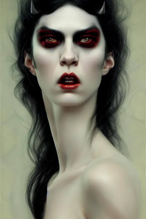 Image similar to a portrait of a sharp fang white pale skin devil with black eyes by karol bak, james jean, tom bagshaw, rococo, sharp focus, trending on artstation, cinematic lighting, hyper realism, octane render, 8 k, hyper detailed, vivid, ultra detailed, highly detailed