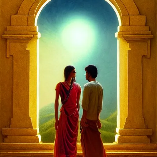 Image similar to perfectly - centered movie promotional poster - photograph of a young indian guy and a beautiful girl side profile faces symmetrical ; real life portrait by beksinski and jean delville, romantic theme, two lovers sharing one heart, unreal engine 5, photorealism, hd quality, 8 k resolution, cinema 4 d, hdr dramatic lighting ; symmetrical, cinematic, high coherence