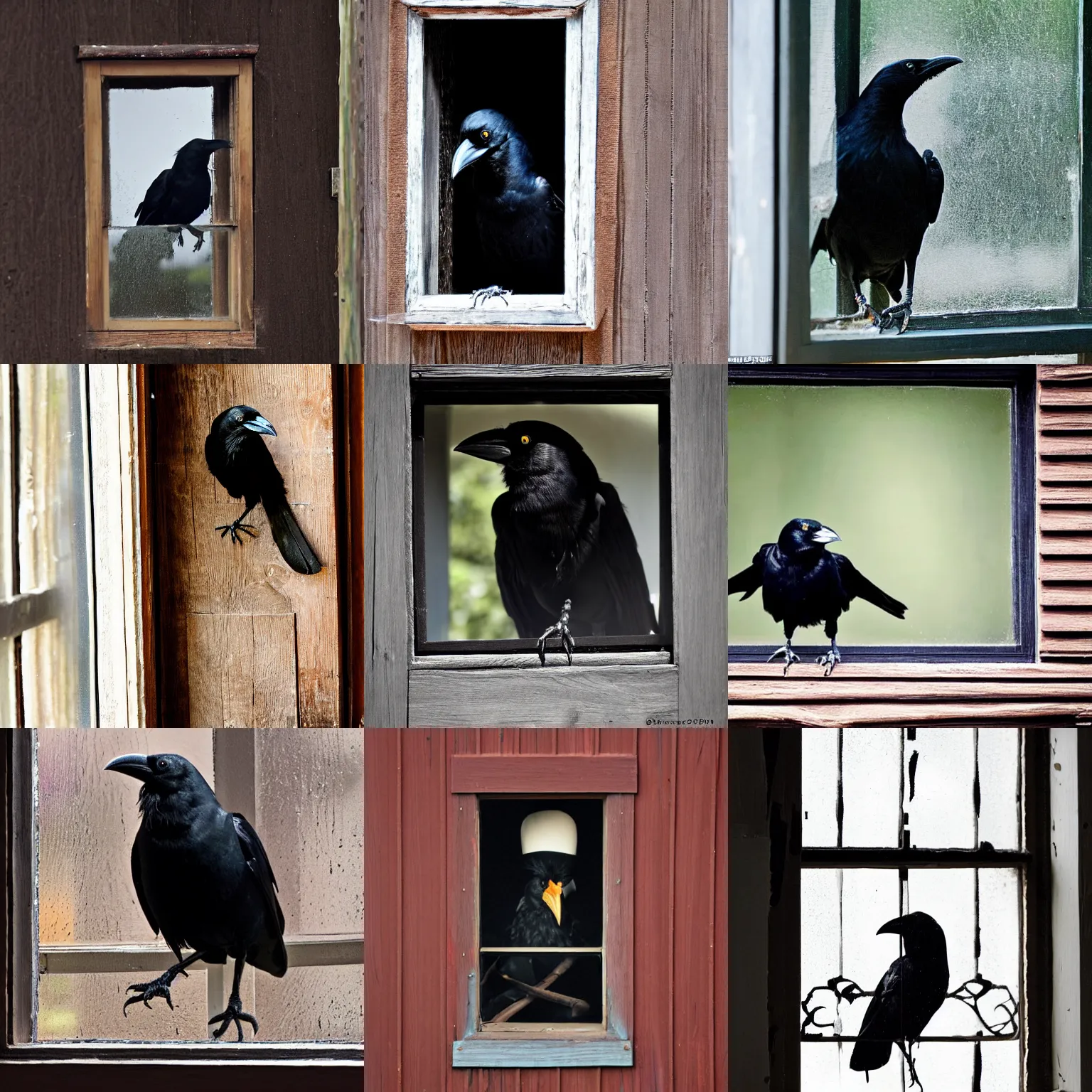 Prompt: a crow with a large pirate hat on its head, peering out concerned down to camera from a small dusty glass window in a wooden wall, 2 0 1 2