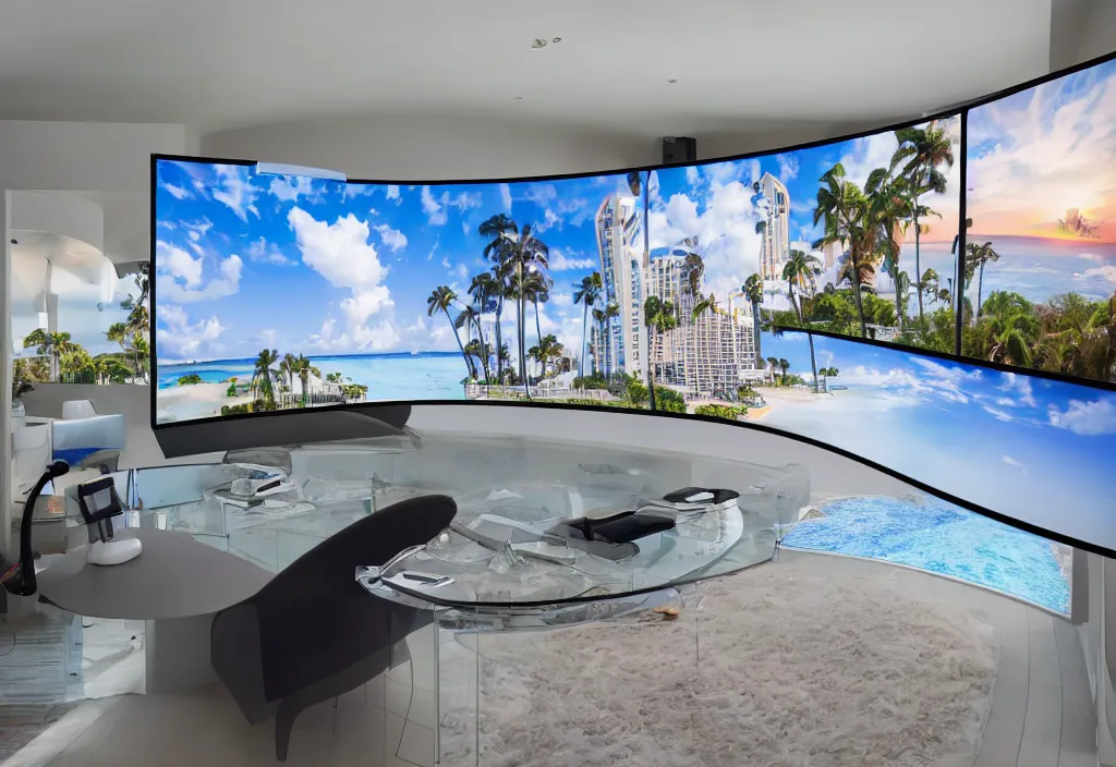 Image similar to curved transparent tv showing florida weathermap, volumetric lighting, bedroom, visor, users, pair of keycards on table, bokeh, creterion collection, shot on 7 0 mm, instax