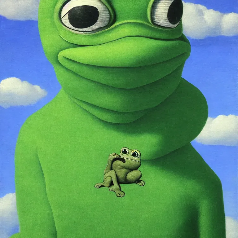 Image similar to cloud - man but pepe the frog, by rene magritte, centered, detailed painting, hd, hq, high resolution, high detail, 4 k, 8 k