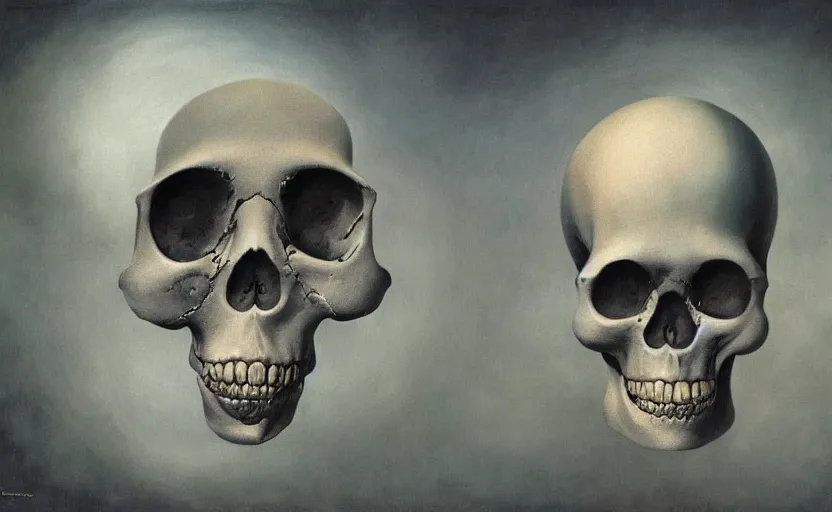 Prompt: a surrealistic painting of the slate theory origin and a human skull, in the style of rene magritte and zdzislaw beksinski and mark ryden, digital art, detailed masterpiece