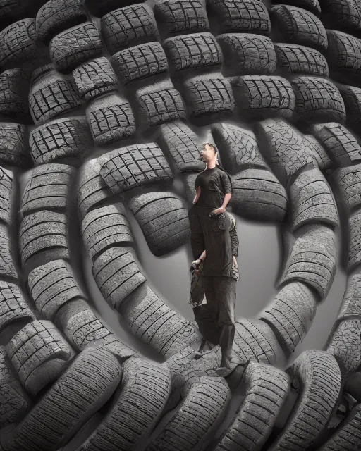 Prompt: a person made out of tires, cinematic, 8k, high detail, beeple