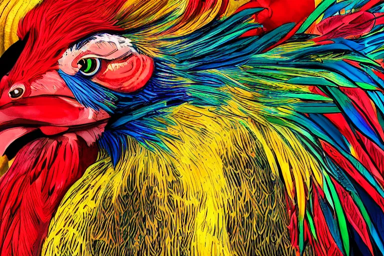 Prompt: illustration of an ominous rooster with feathers of many colors, by feifei ruan and javier medellin puyou and tim lord, lively colors, portrait, sharp focus, colored feathers, jungle